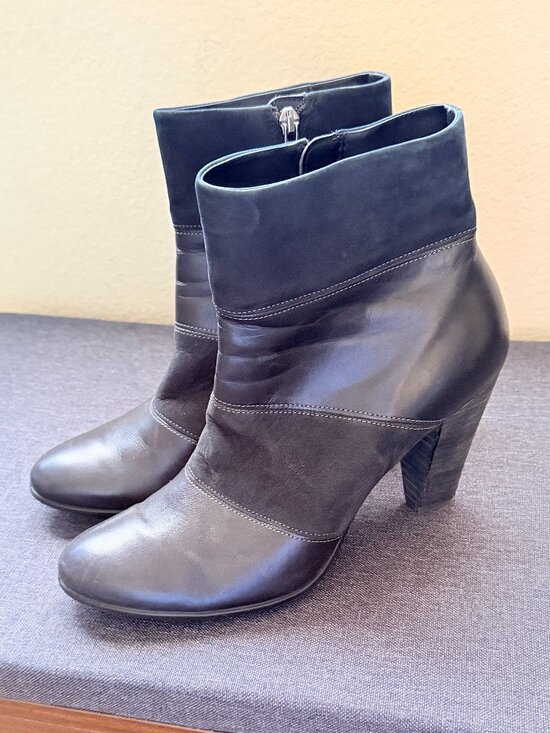 ECCO Shoes - Black Leather & Suede Heeled Ankle Boots, Size 41 (US 9.5)